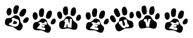 The image shows a row of animal paw prints, each containing a letter. The letters spell out the word Deneuve within the paw prints.