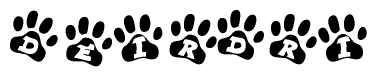 The image shows a row of animal paw prints, each containing a letter. The letters spell out the word Deirdri within the paw prints.