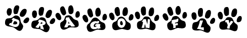 The image shows a series of animal paw prints arranged in a horizontal line. Each paw print contains a letter, and together they spell out the word Dragonfly.
