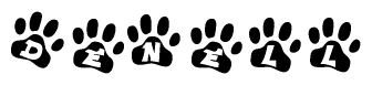 The image shows a row of animal paw prints, each containing a letter. The letters spell out the word Denell within the paw prints.