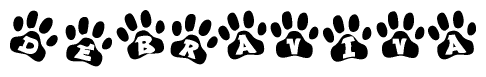 The image shows a row of animal paw prints, each containing a letter. The letters spell out the word Debraviva within the paw prints.