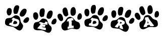 The image shows a series of animal paw prints arranged in a horizontal line. Each paw print contains a letter, and together they spell out the word Deidra.