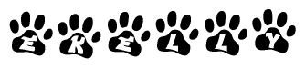 The image shows a row of animal paw prints, each containing a letter. The letters spell out the word Ekelly within the paw prints.