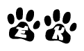 The image shows a series of animal paw prints arranged horizontally. Within each paw print, there's a letter; together they spell Ek