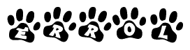 The image shows a series of animal paw prints arranged horizontally. Within each paw print, there's a letter; together they spell Errol