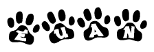The image shows a series of animal paw prints arranged in a horizontal line. Each paw print contains a letter, and together they spell out the word Euan.