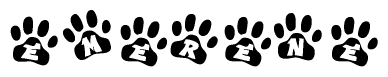 The image shows a series of animal paw prints arranged in a horizontal line. Each paw print contains a letter, and together they spell out the word Emerene.