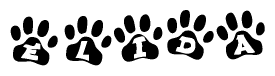 The image shows a series of animal paw prints arranged horizontally. Within each paw print, there's a letter; together they spell Elida