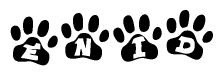 The image shows a row of animal paw prints, each containing a letter. The letters spell out the word Enid within the paw prints.