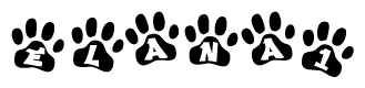 The image shows a row of animal paw prints, each containing a letter. The letters spell out the word Elana1 within the paw prints.