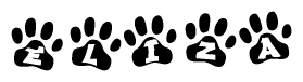 The image shows a series of animal paw prints arranged horizontally. Within each paw print, there's a letter; together they spell Eliza