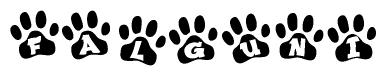 The image shows a series of animal paw prints arranged in a horizontal line. Each paw print contains a letter, and together they spell out the word Falguni.
