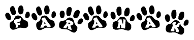 The image shows a series of animal paw prints arranged in a horizontal line. Each paw print contains a letter, and together they spell out the word Faranak.