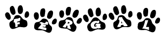 The image shows a series of animal paw prints arranged horizontally. Within each paw print, there's a letter; together they spell Fergal