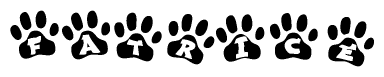 The image shows a series of animal paw prints arranged in a horizontal line. Each paw print contains a letter, and together they spell out the word Fatrice.