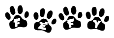 The image shows a row of animal paw prints, each containing a letter. The letters spell out the word Fefy within the paw prints.