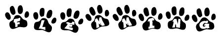 The image shows a series of animal paw prints arranged in a horizontal line. Each paw print contains a letter, and together they spell out the word Flemming.