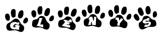 The image shows a row of animal paw prints, each containing a letter. The letters spell out the word Glenys within the paw prints.