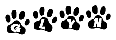 The image shows a series of animal paw prints arranged horizontally. Within each paw print, there's a letter; together they spell Glyn