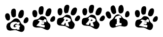 The image shows a series of animal paw prints arranged in a horizontal line. Each paw print contains a letter, and together they spell out the word Gerrie.