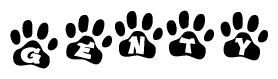 The image shows a row of animal paw prints, each containing a letter. The letters spell out the word Genty within the paw prints.