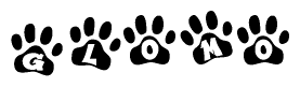 The image shows a row of animal paw prints, each containing a letter. The letters spell out the word Glomo within the paw prints.