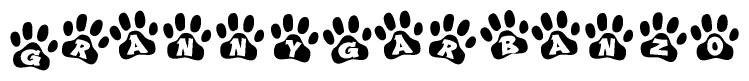 The image shows a row of animal paw prints, each containing a letter. The letters spell out the word Grannygarbanzo within the paw prints.