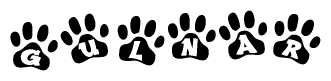 The image shows a series of animal paw prints arranged in a horizontal line. Each paw print contains a letter, and together they spell out the word Gulnar.