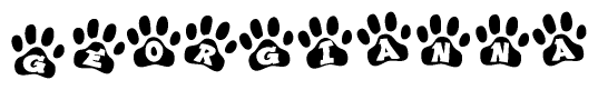 The image shows a series of animal paw prints arranged in a horizontal line. Each paw print contains a letter, and together they spell out the word Georgianna.