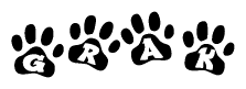 The image shows a series of animal paw prints arranged horizontally. Within each paw print, there's a letter; together they spell Grak