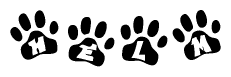 The image shows a series of animal paw prints arranged in a horizontal line. Each paw print contains a letter, and together they spell out the word Helm.