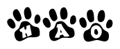 The image shows a series of animal paw prints arranged in a horizontal line. Each paw print contains a letter, and together they spell out the word Hao.