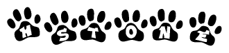 The image shows a series of animal paw prints arranged in a horizontal line. Each paw print contains a letter, and together they spell out the word Hstone.