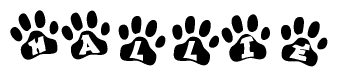 The image shows a series of animal paw prints arranged in a horizontal line. Each paw print contains a letter, and together they spell out the word Hallie.