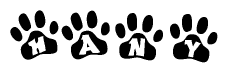 The image shows a series of animal paw prints arranged in a horizontal line. Each paw print contains a letter, and together they spell out the word Hany.