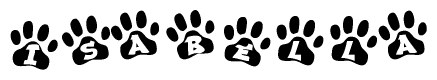 The image shows a series of animal paw prints arranged in a horizontal line. Each paw print contains a letter, and together they spell out the word Isabella.