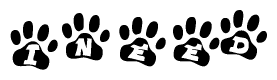 The image shows a series of animal paw prints arranged in a horizontal line. Each paw print contains a letter, and together they spell out the word Ineed.