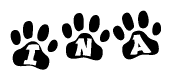 The image shows a row of animal paw prints, each containing a letter. The letters spell out the word Ina within the paw prints.