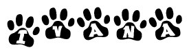 The image shows a row of animal paw prints, each containing a letter. The letters spell out the word Ivana within the paw prints.