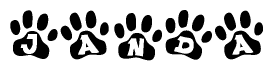 The image shows a row of animal paw prints, each containing a letter. The letters spell out the word Janda within the paw prints.