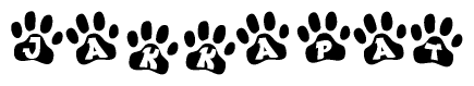 The image shows a series of animal paw prints arranged in a horizontal line. Each paw print contains a letter, and together they spell out the word Jakkapat.