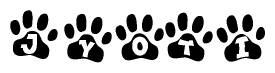 The image shows a series of animal paw prints arranged in a horizontal line. Each paw print contains a letter, and together they spell out the word Jyoti.