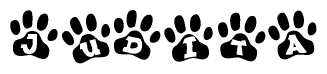The image shows a row of animal paw prints, each containing a letter. The letters spell out the word Judita within the paw prints.