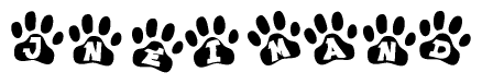 The image shows a row of animal paw prints, each containing a letter. The letters spell out the word Jneimand within the paw prints.