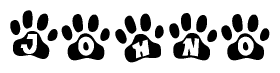 The image shows a series of animal paw prints arranged in a horizontal line. Each paw print contains a letter, and together they spell out the word Johno.