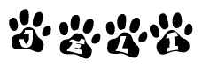 The image shows a row of animal paw prints, each containing a letter. The letters spell out the word Jeli within the paw prints.