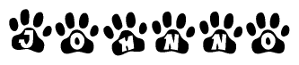 The image shows a series of animal paw prints arranged in a horizontal line. Each paw print contains a letter, and together they spell out the word Johnno.