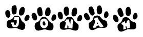The image shows a row of animal paw prints, each containing a letter. The letters spell out the word Jonah within the paw prints.