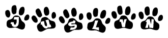 The image shows a series of animal paw prints arranged horizontally. Within each paw print, there's a letter; together they spell Juslvn