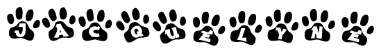 The image shows a series of animal paw prints arranged in a horizontal line. Each paw print contains a letter, and together they spell out the word Jacquelyne.